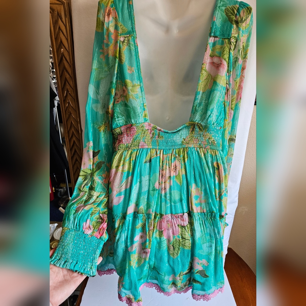 Hemant & Nandita Teal Floral Mini Dress – NWT - Picture 4 of 5